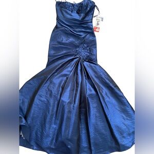 NWT Vintage Blue Taffeta Satin Appliqué Ruffle Prom Dress Floor Length Blue Sz S
